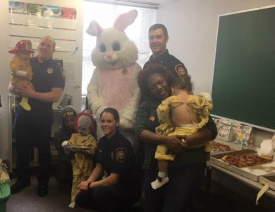 Burn-Foundation-Harborview-kids with easter bunny and firefighters